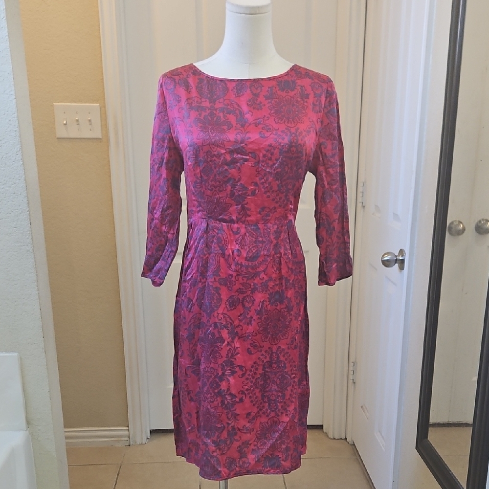 Twist Vintage Pink Blue Paisley Silk Pleated Sheath Dress Size 8
